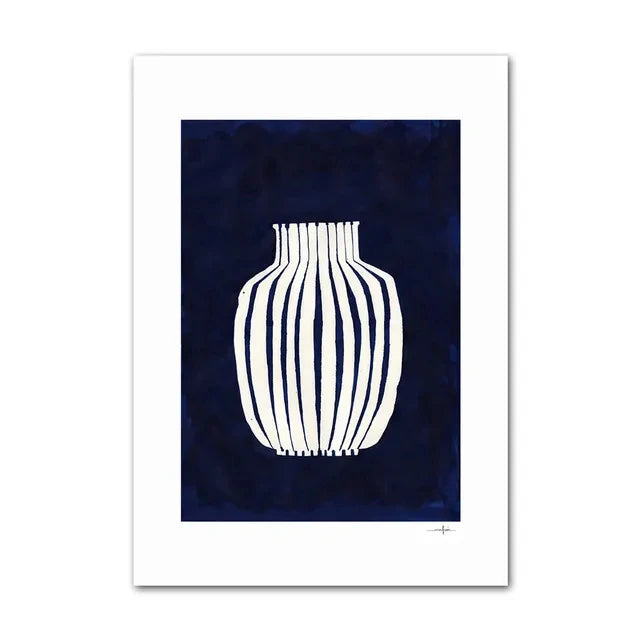 White striped ceramic vase illustration on deep navy background