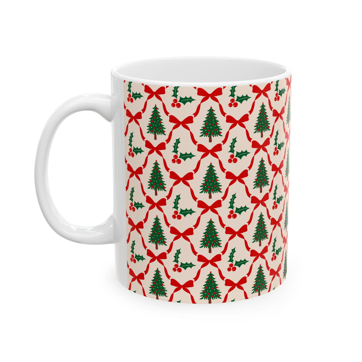 Pattern Christmas Mug Gift For Mom Tree Holly Coffee Cup Present For Sister Red Bow Ceramic Holiday