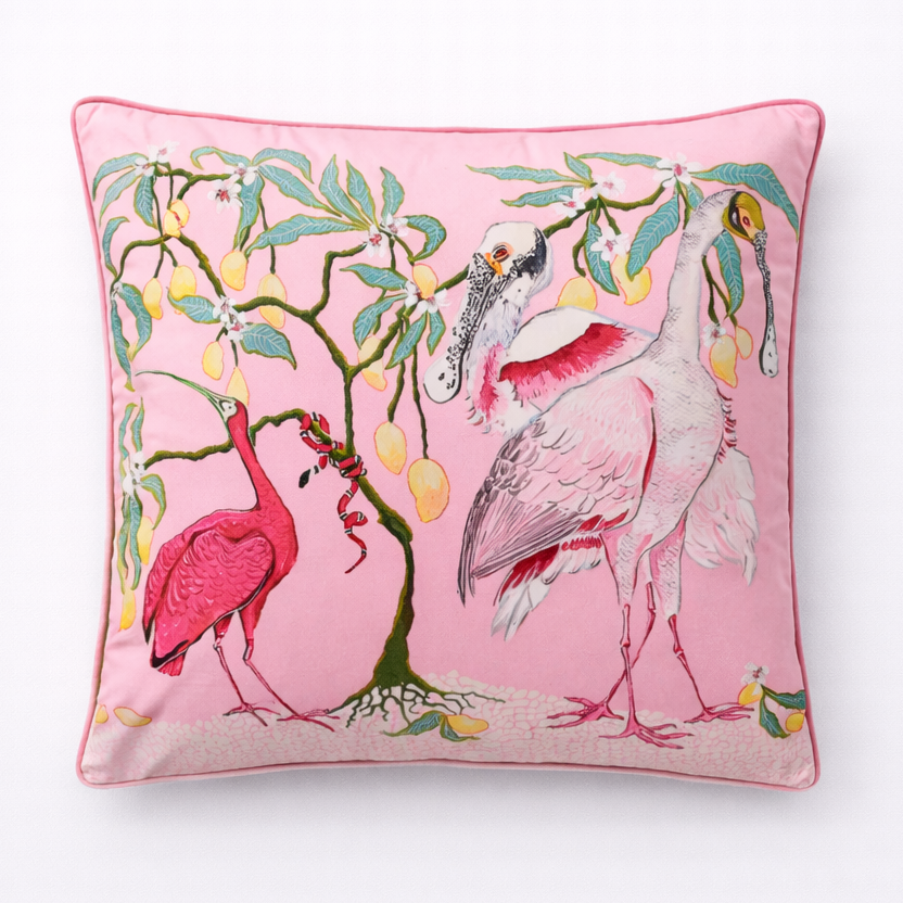 Pink Bird Dog Floral Velvet Cushion Cover - main product view