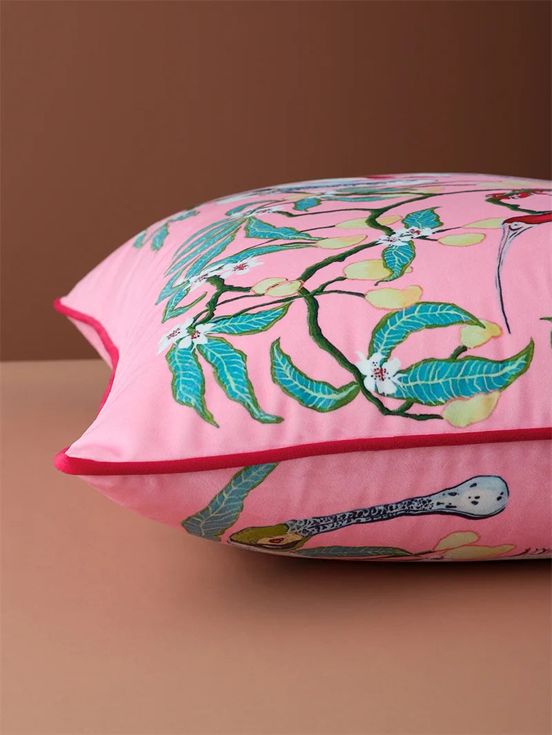 Pink Bird Dog Floral Velvet Cushion Cover - detail view
