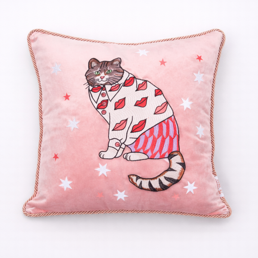Pink Cat Embroidered Cushion Cover - main product view