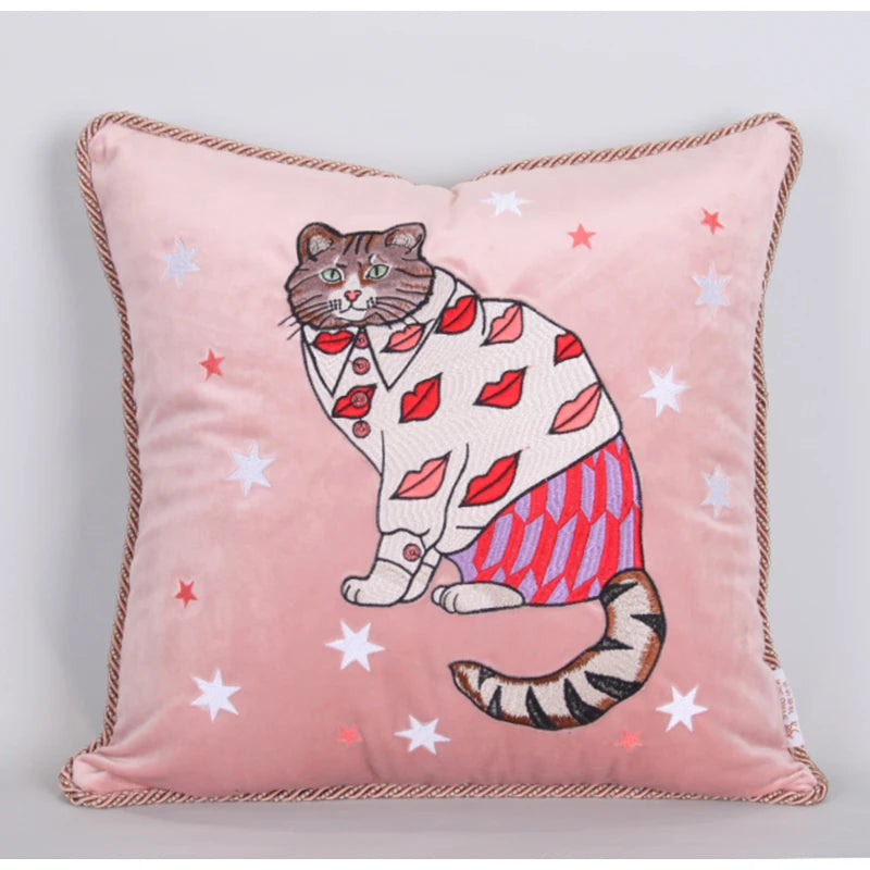 Pink Cat Embroidered Cushion Cover - styled product view