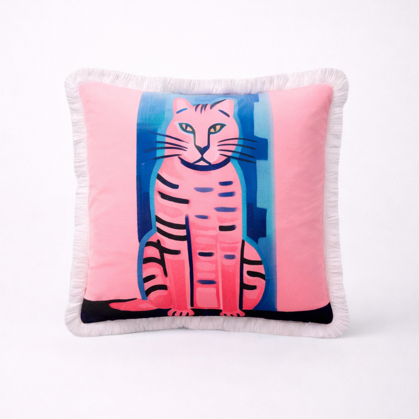 Pink Cat Tassel Velvet Cushion Cover - main product view