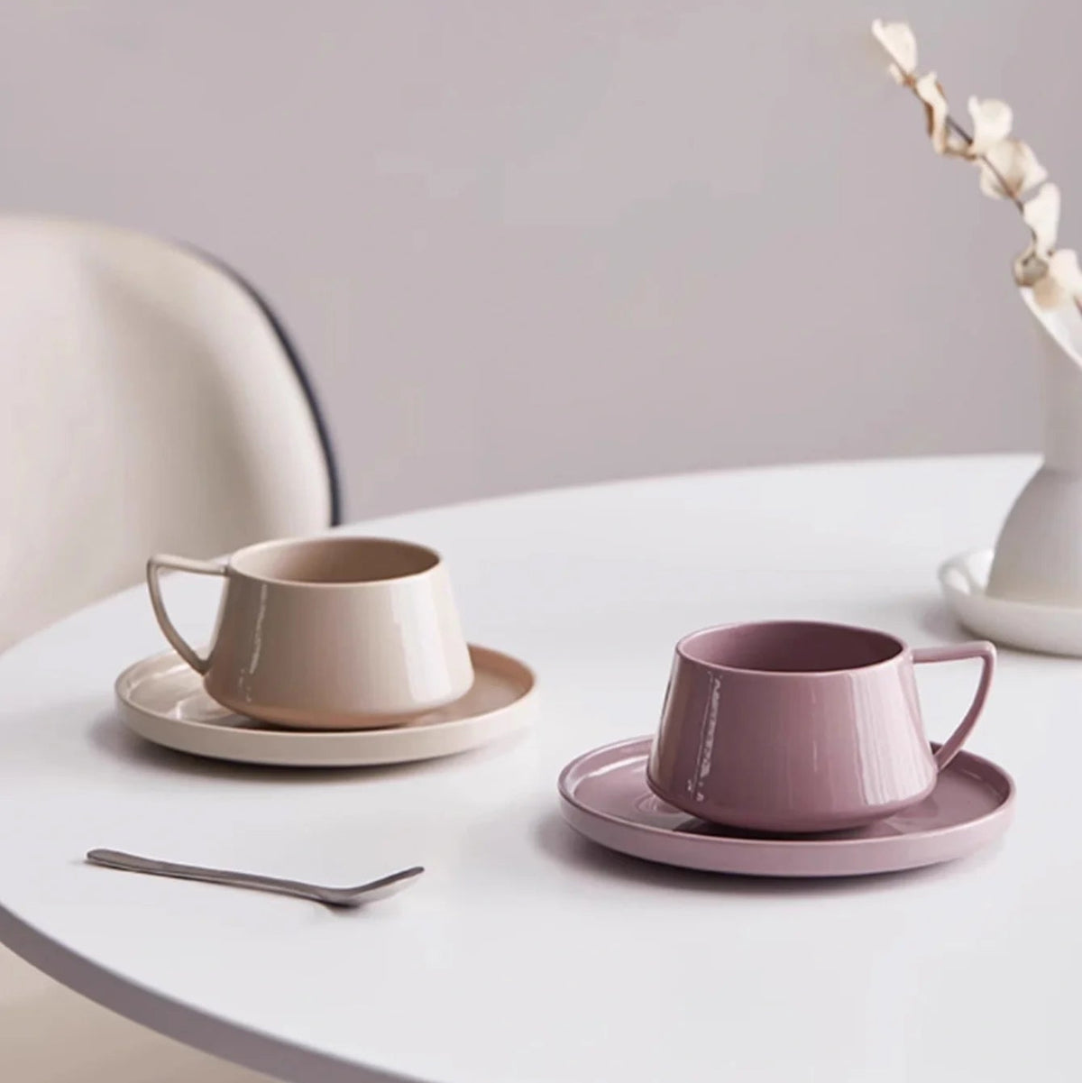 Pink Ceramic Cup And Saucer Set - detail view