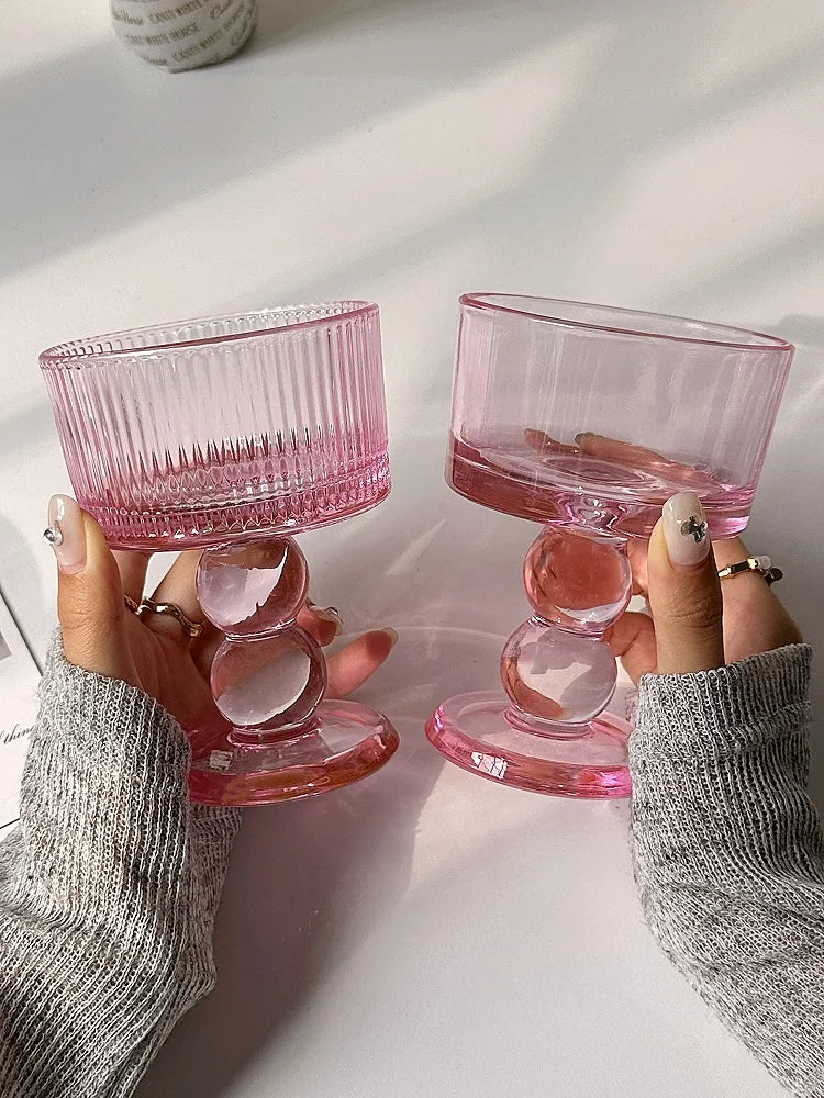 Pink Glass Pedestal Dessert Bowl - detail view