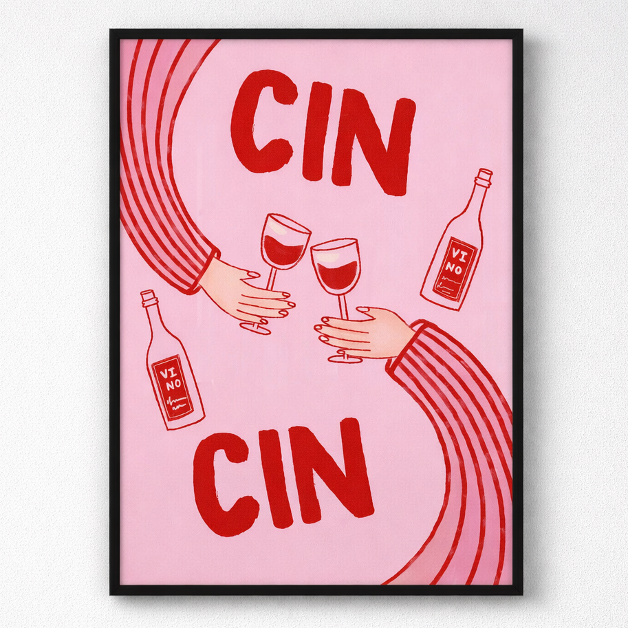 Framed artwork with 'CIN' text and wine graphics on a pink background
