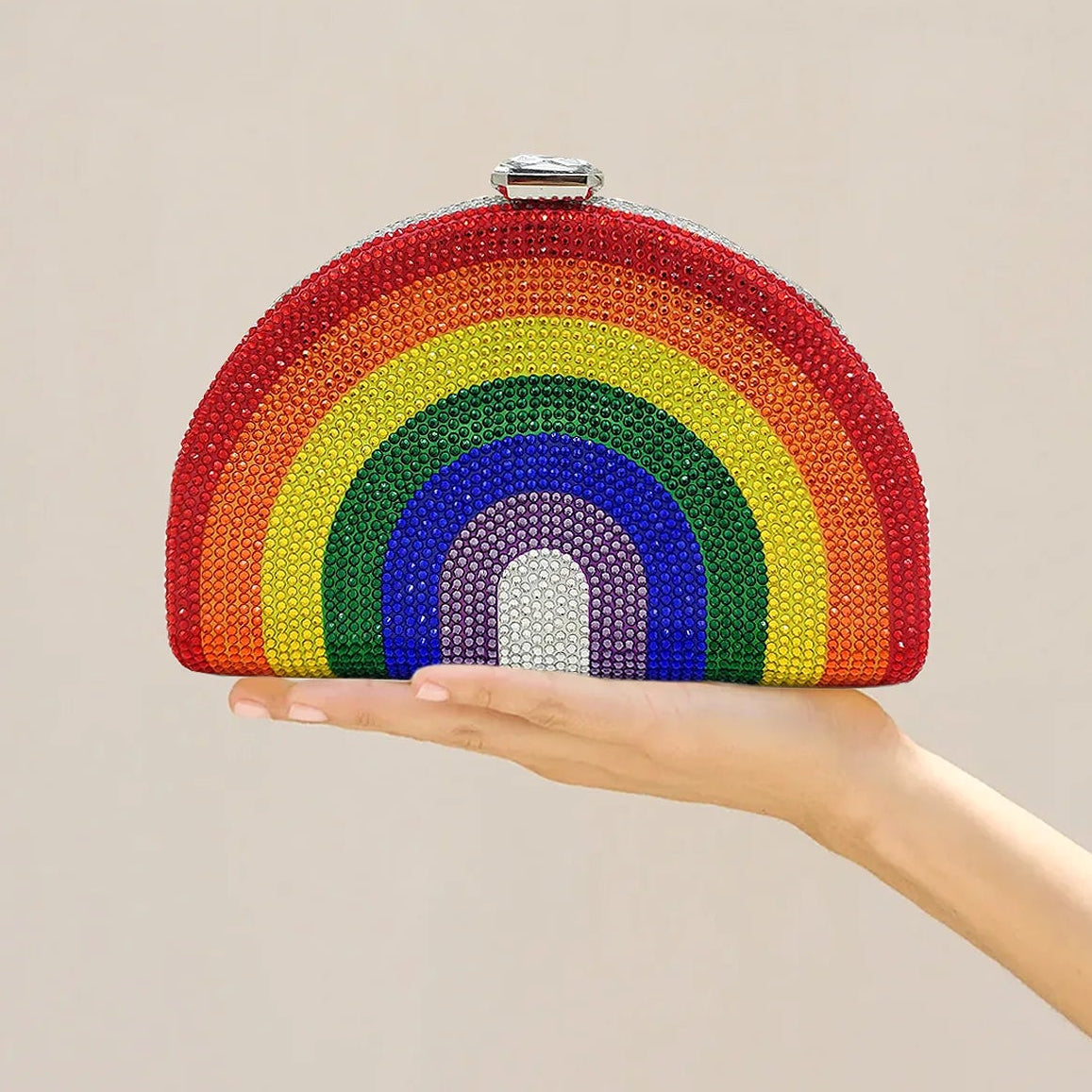 rainbow rhinestone dome clutch bag striped evening purse styled product view