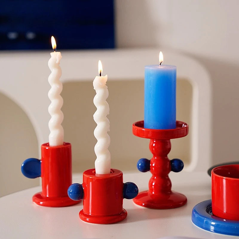 red blue ceramic candle holder round handle color block decor dining table alternate product view