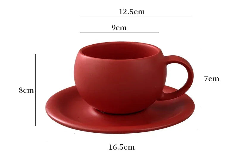Red coffee cup and saucer with dimensions on a white background
