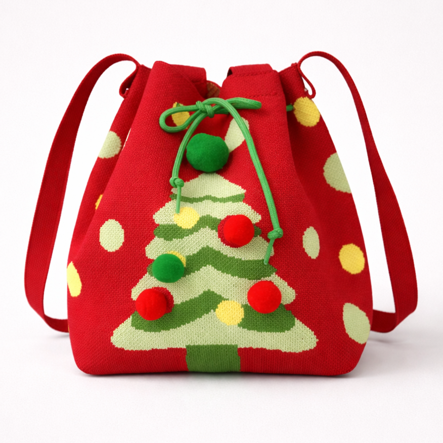 red knitted drawstring bucket bag main product view