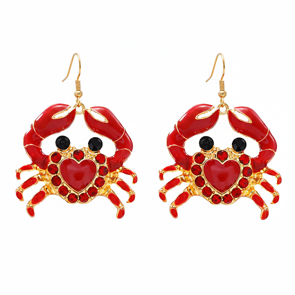 red crab heart earrings rhinestone sea life drop jewelry cute beach accesso alternate product view