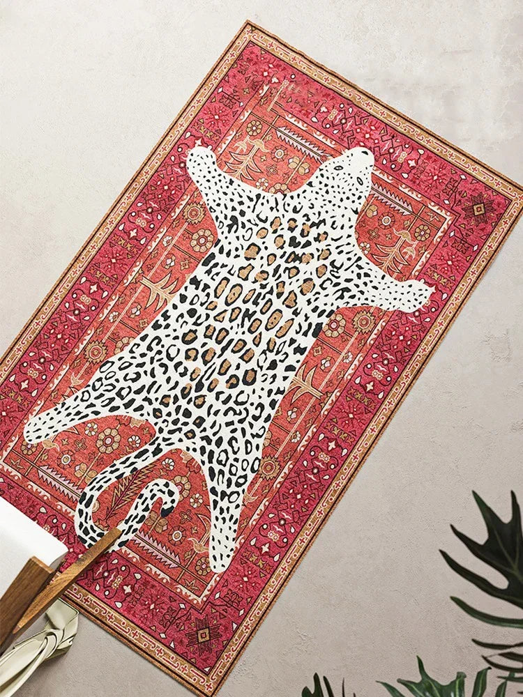 red leopard animal print area rug styled product view