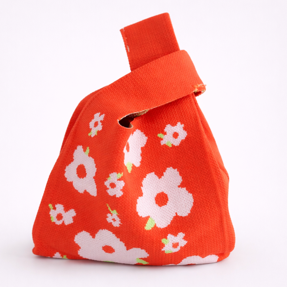 red orange floral knitted bucket bag main product view