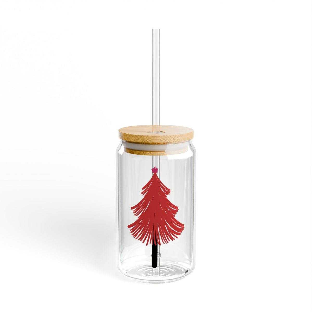 Red Tree Glass Cup Gift For Mom Festive Sipper With Bamboo Lid Cute Holiday Drinkware Sister Best