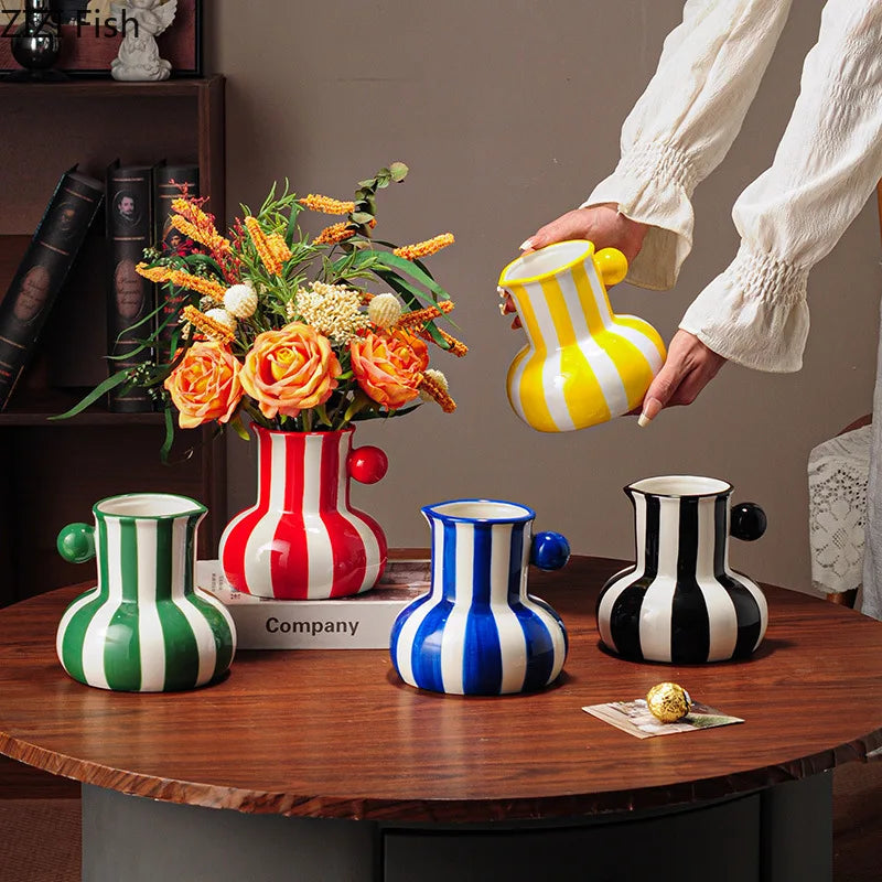 red white striped ceramic pitcher vase colorful decor alternate product view