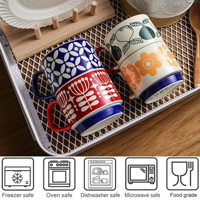 Two patterned mugs on a wire rack with safety icons below.