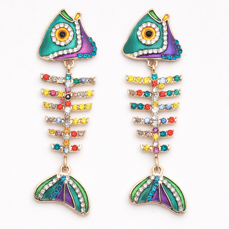 rhinestone fish skeleton earrings colorful dangle sea life jewelry main product view