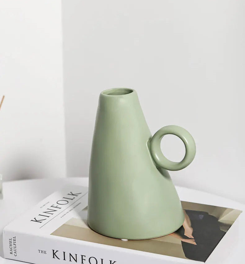 sage green ceramic vase circular handle 17 5cm detail product view