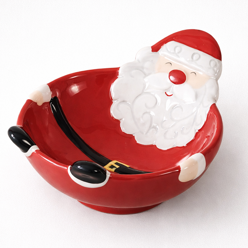 Red ceramic bowl shaped like a sitting Santa Claus on a white background