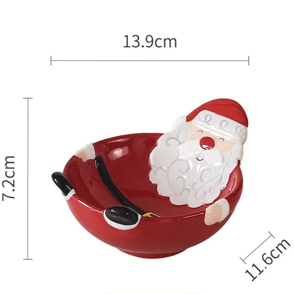 Ceramic bowl shaped like a Santa Claus with dimensions and water capacity on a white background