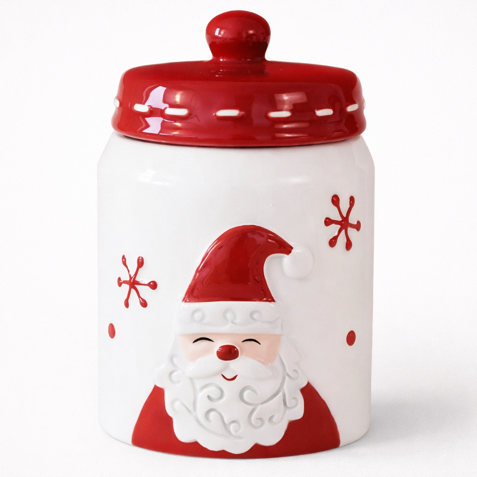 Decorative jar with Santa Claus design on a white background