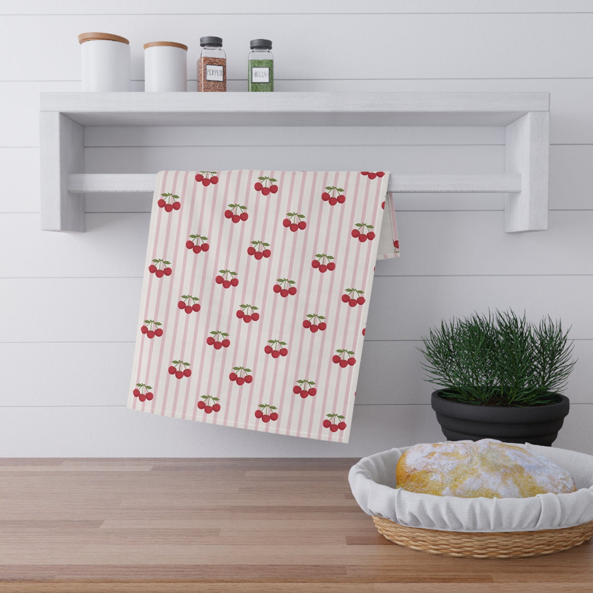Striped Tea Towel Kitchen Towel Cherries Cherry Kitchen Towel Striped Dish Towel Pastel Kitchen Linen – product image 2