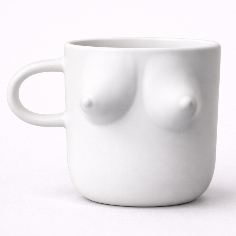 White ceramic mug shaped like a breast on a white background