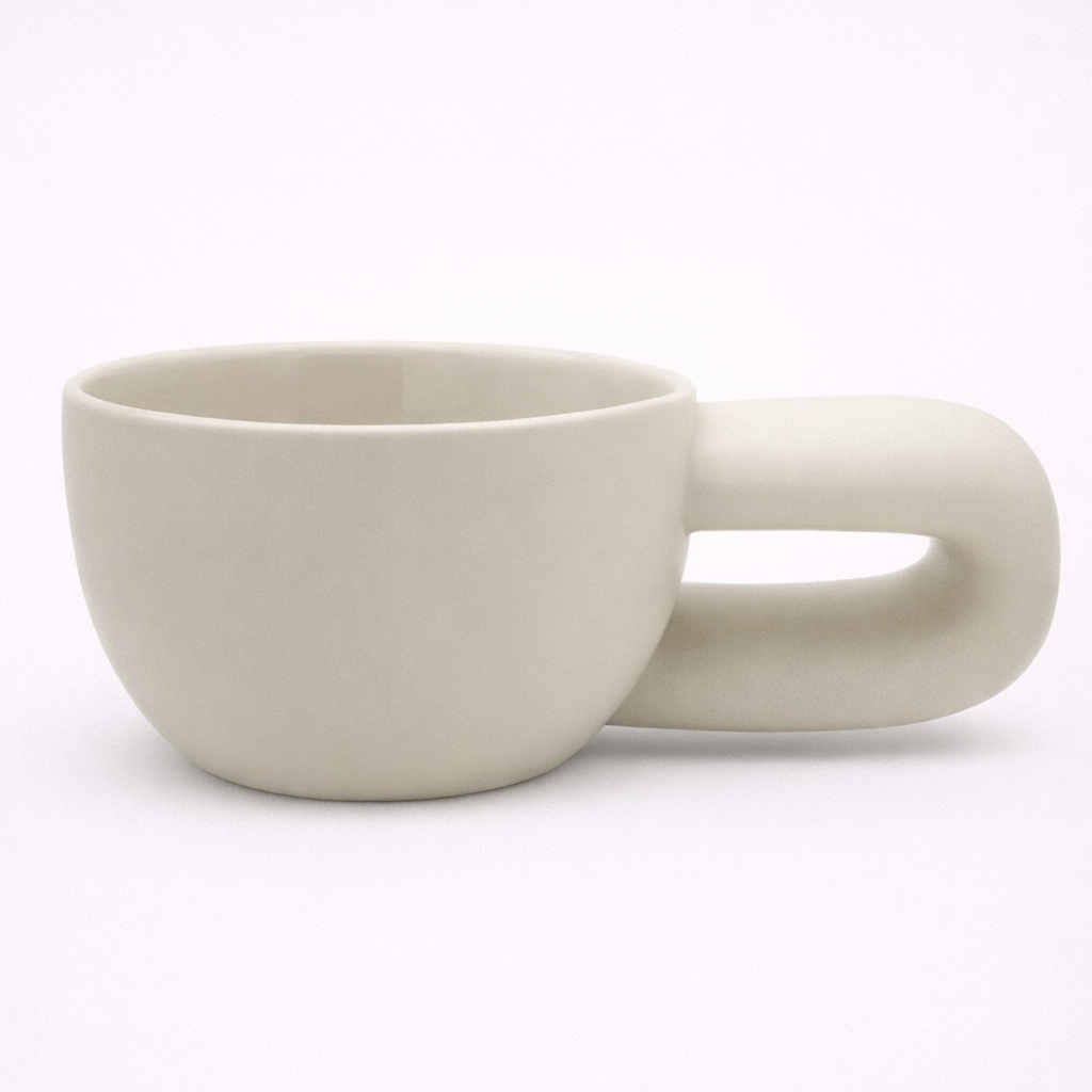 White ceramic mug with handle on a white background