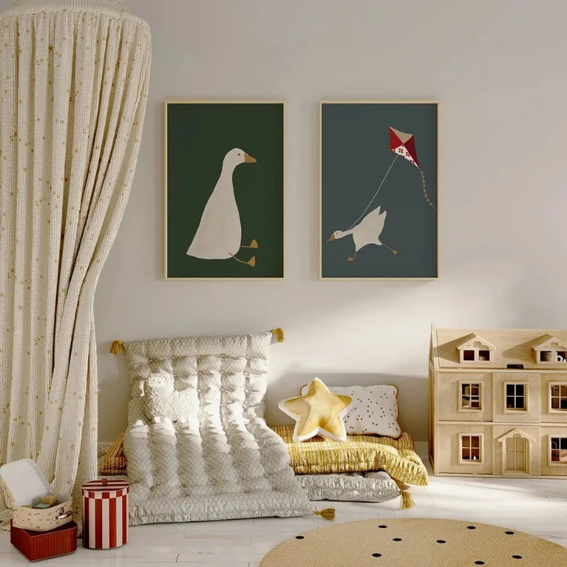 white goose dark green cotton canvas wall art alternate product view