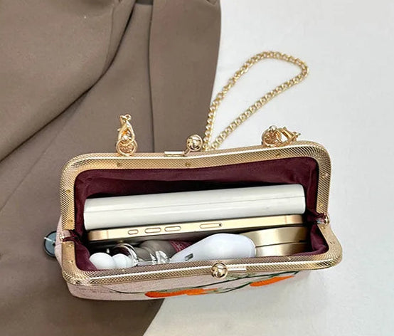 white persimmon embroidered shoulder bag fruit purse styled product view