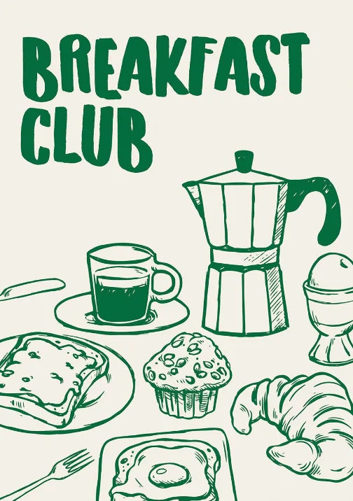 Illustrations of breakfast items with 'Breakfast Club' text in green on a white background