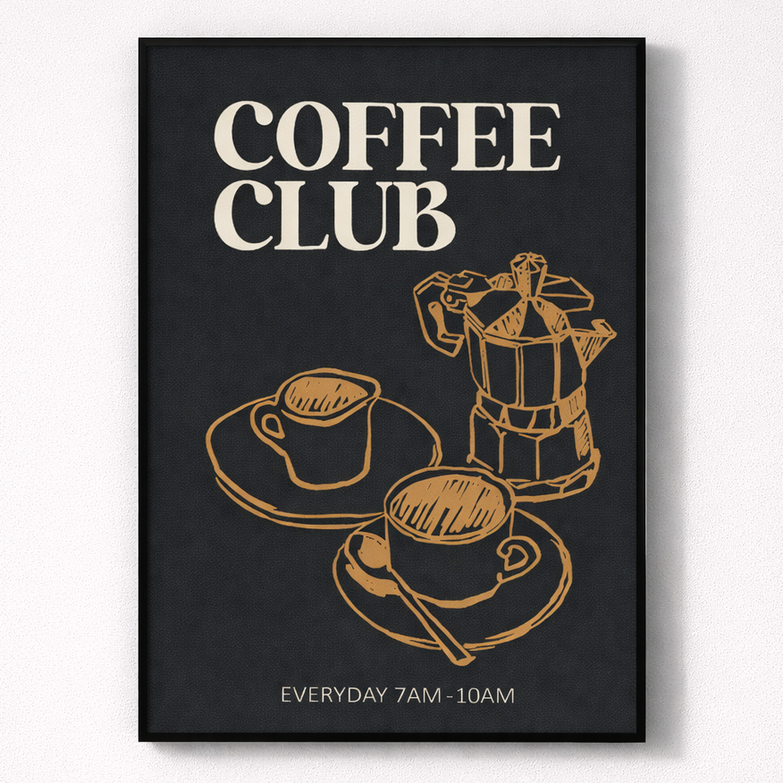 Framed poster with 'Coffee Club' text and coffee-themed illustrations on a black background.