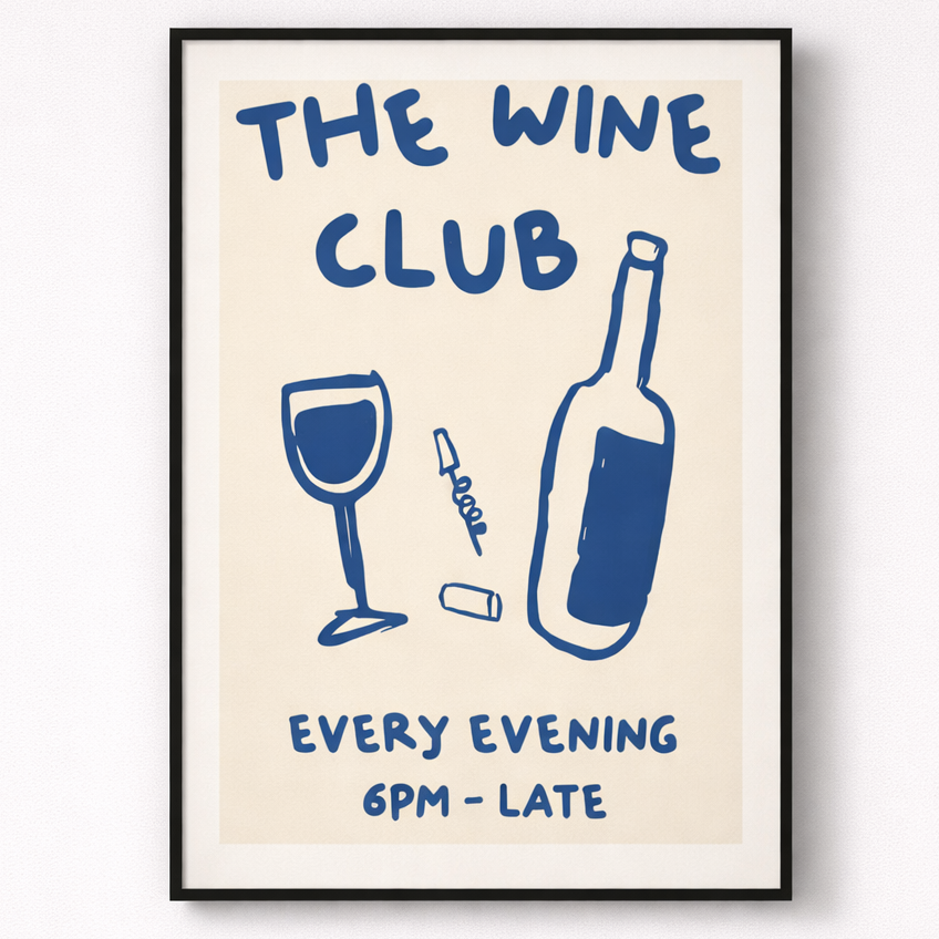 Framed poster with 'The Wine Club' text and wine graphics on a beige background