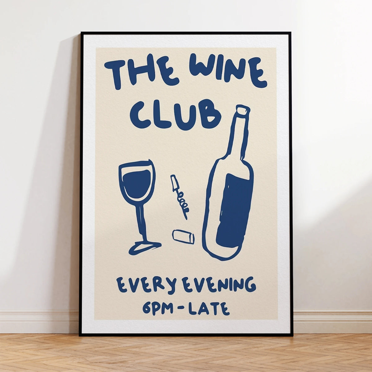 Framed poster with 'The Wine Club' text and wine graphics on a beige background