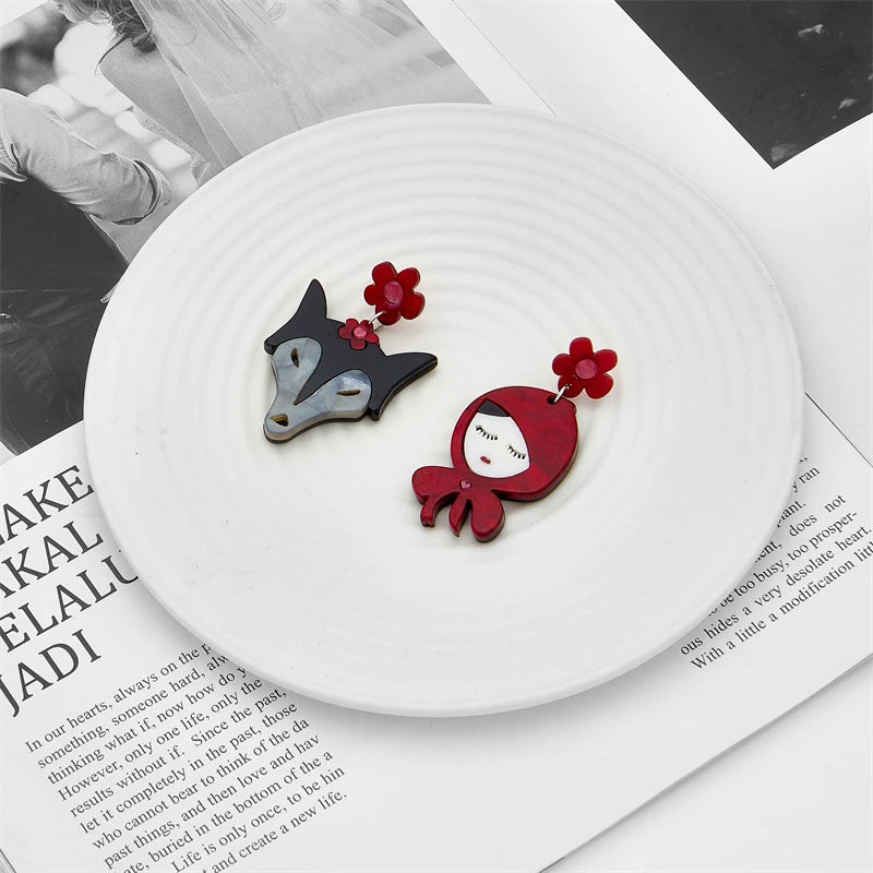 wolf hooded figure asymmetric acrylic drop earrings detail product view