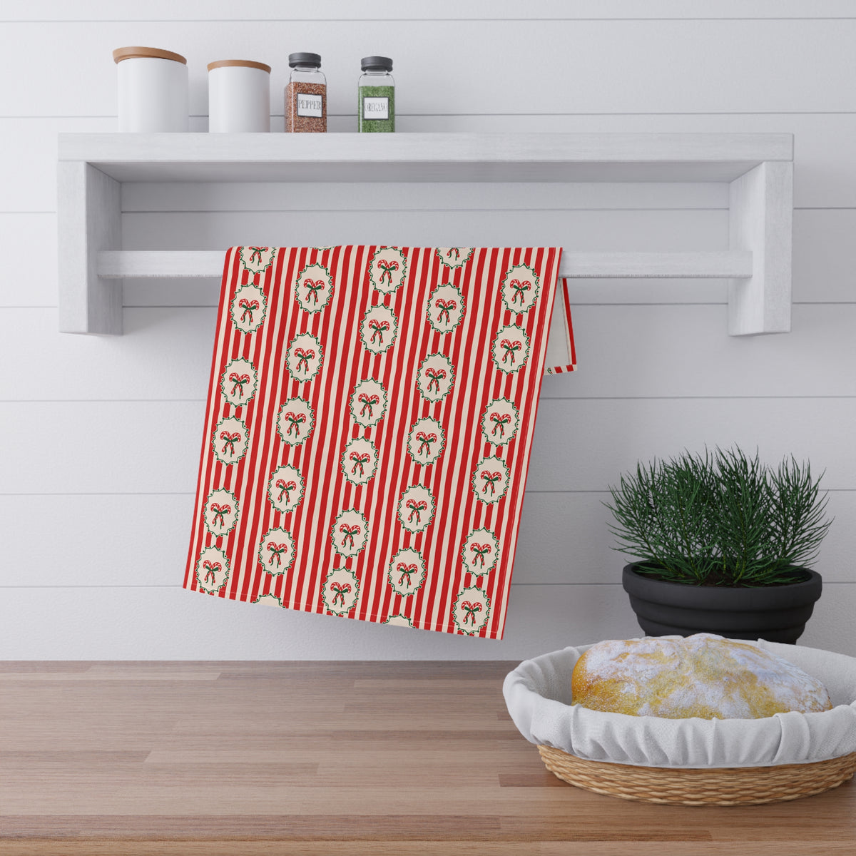Wreath Stripe Tea Towel Gift For Cousin Christmas Kitchen Linen Present For Niece Retro Bow Dish