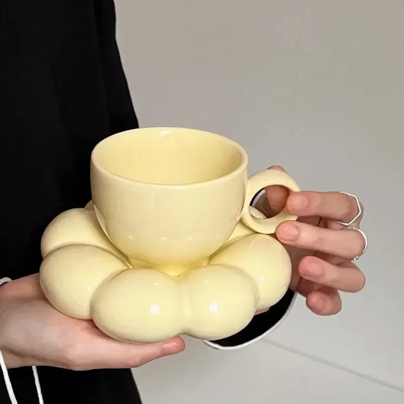 Yellow Floral Ceramic Mug With Saucer 200ml Birthday Gift