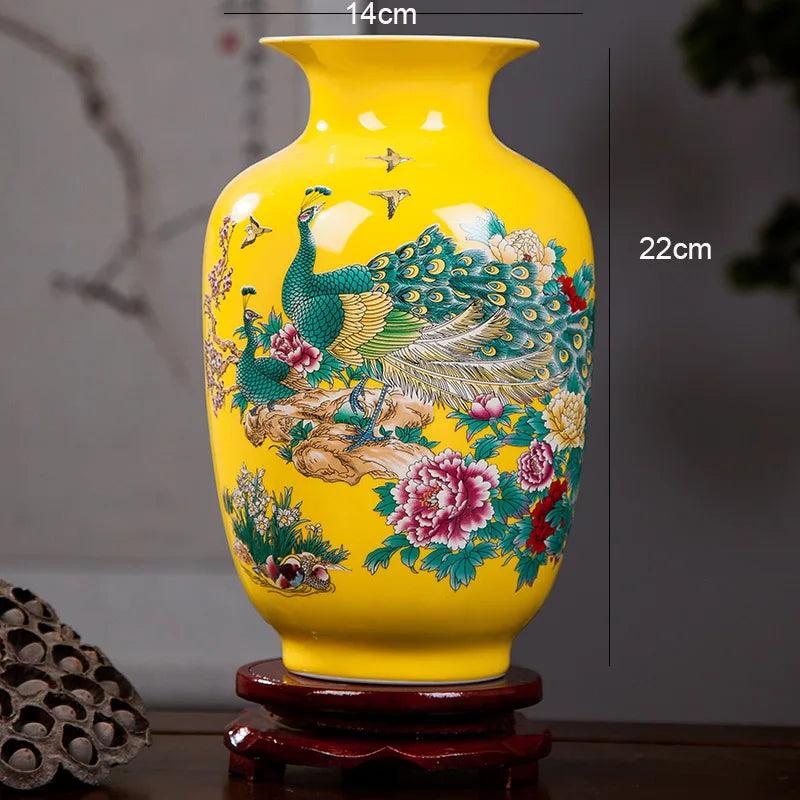 yellow peacock ceramic vase bird flower vessel traditional home decor styled product view