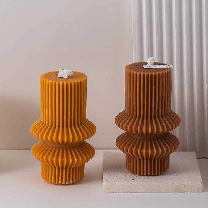 yellow ribbed pillar candle geometric scented wax home decor gift styled product view