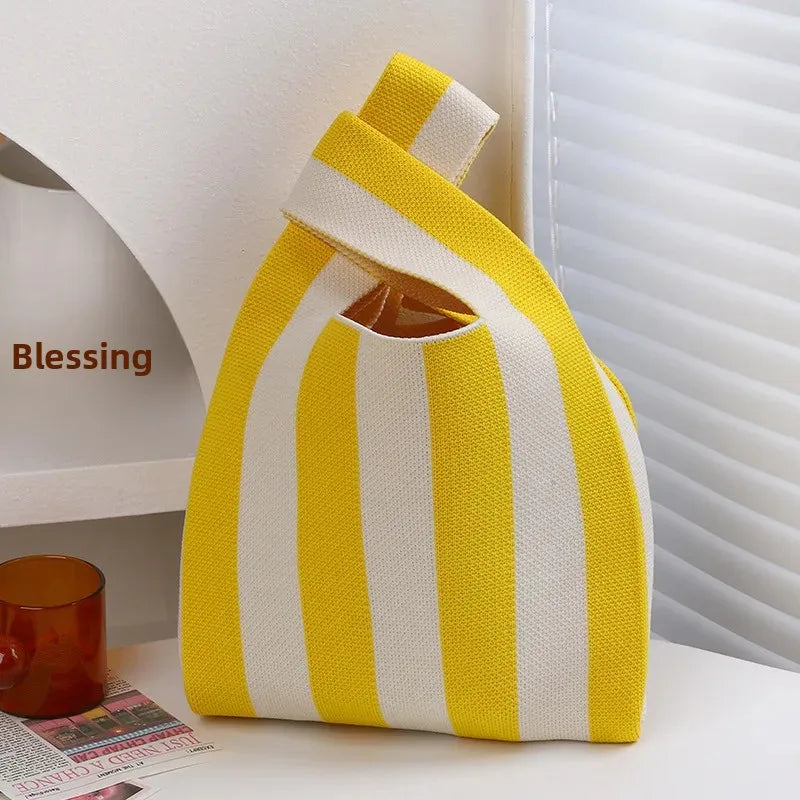 yellow white striped knitted bucket bag alternate product view
