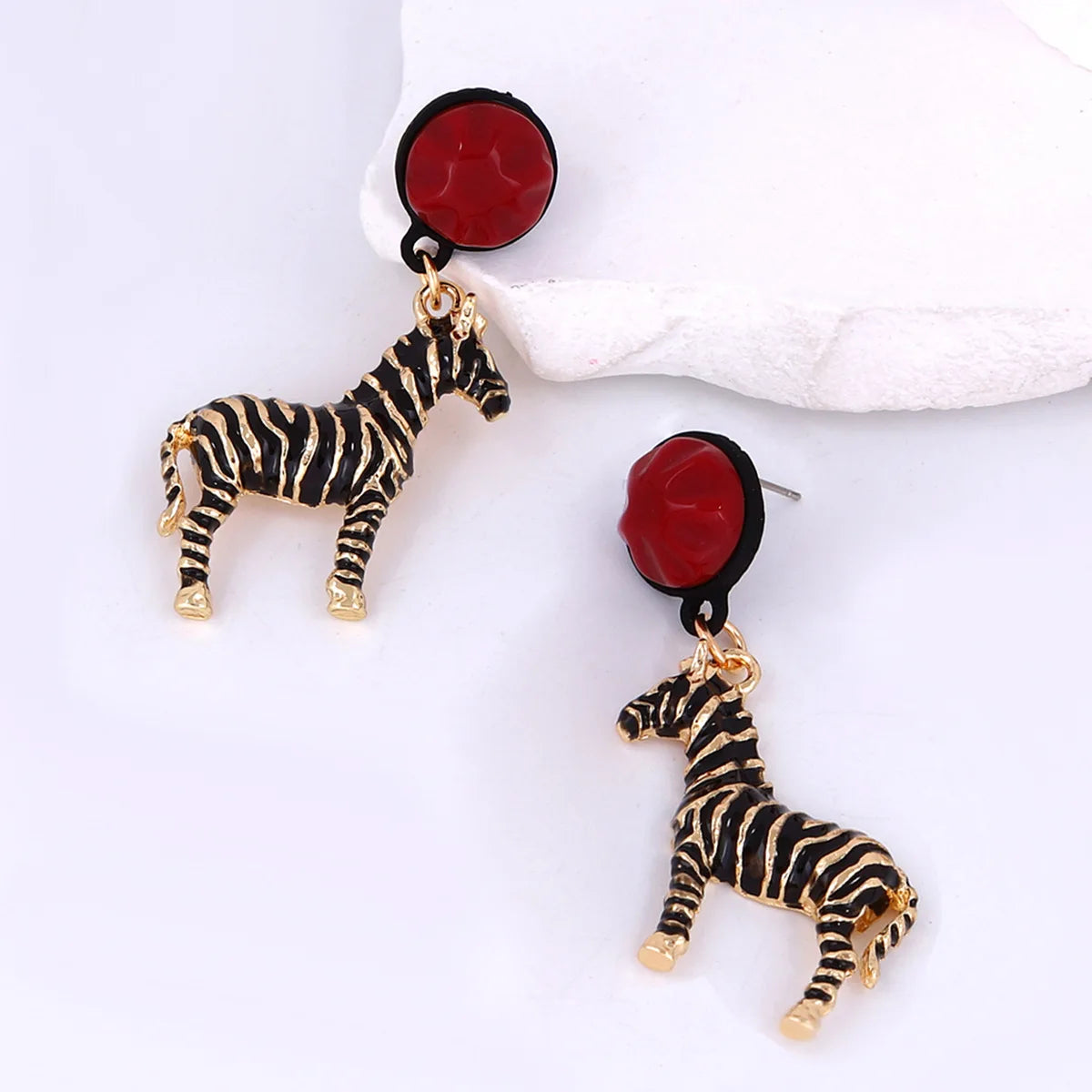 zebra dangle earrings red flower animal jewelry styled product view